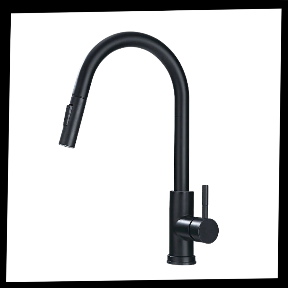 Robinet de cuisine flexible Zovajonia avec capteur, finition noire et dorée, pièce de plomberie moderne et pratique.