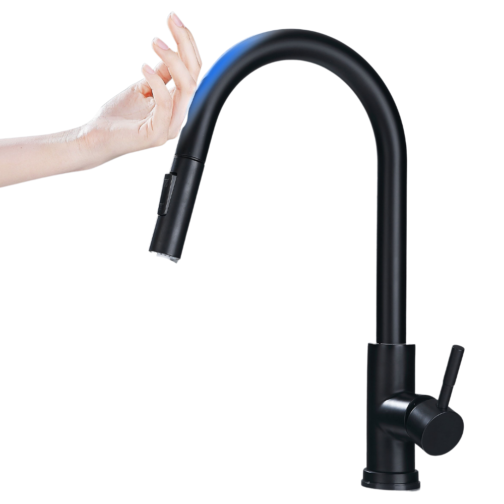 Robinet de cuisine Zovajonia, flexible avec capteur, en finition noir doré, pièce de plomberie moderne et pratique.