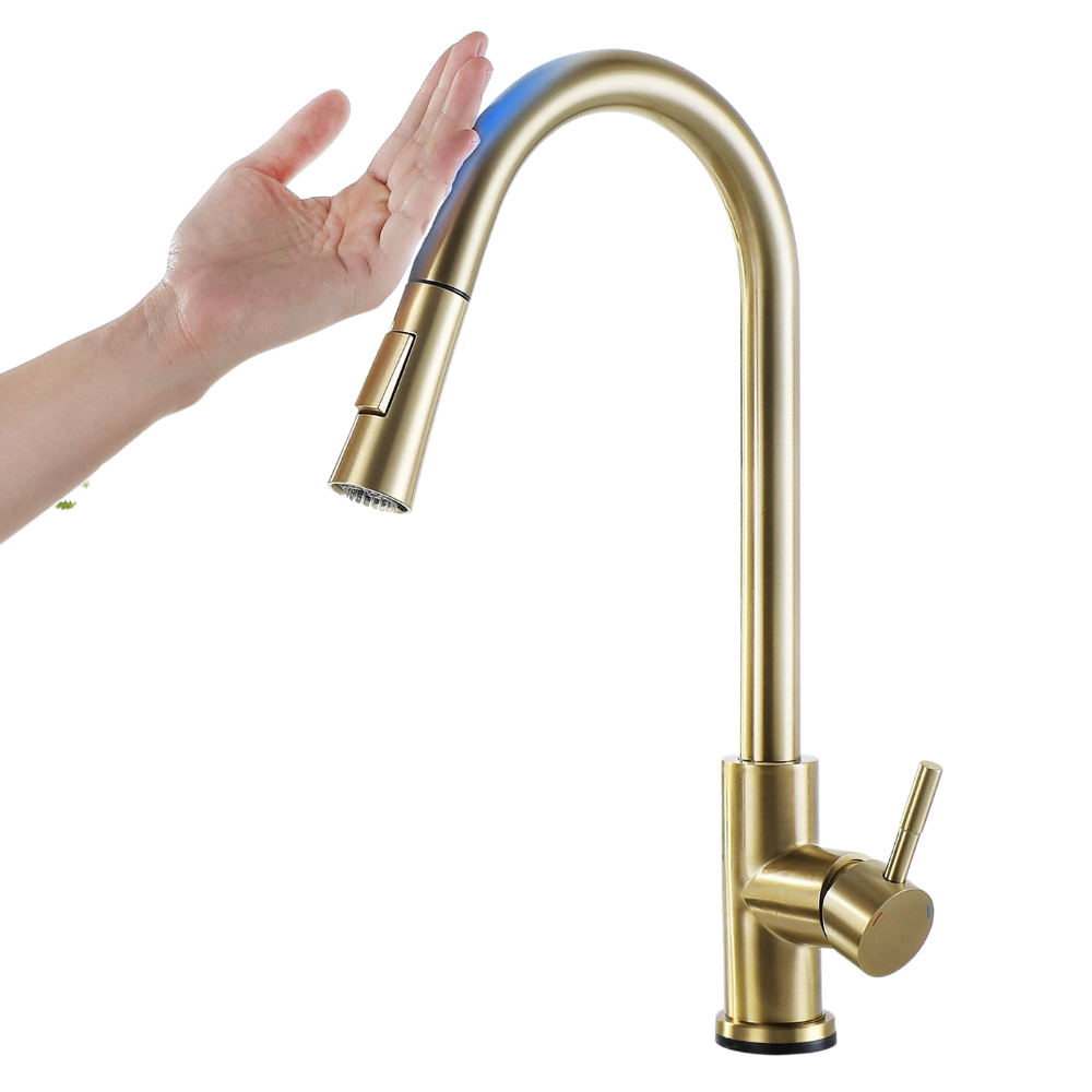 Robinet de cuisine flexível Zovajonia com sensor, acabamento preto e dourado, peça de material de encanamento.